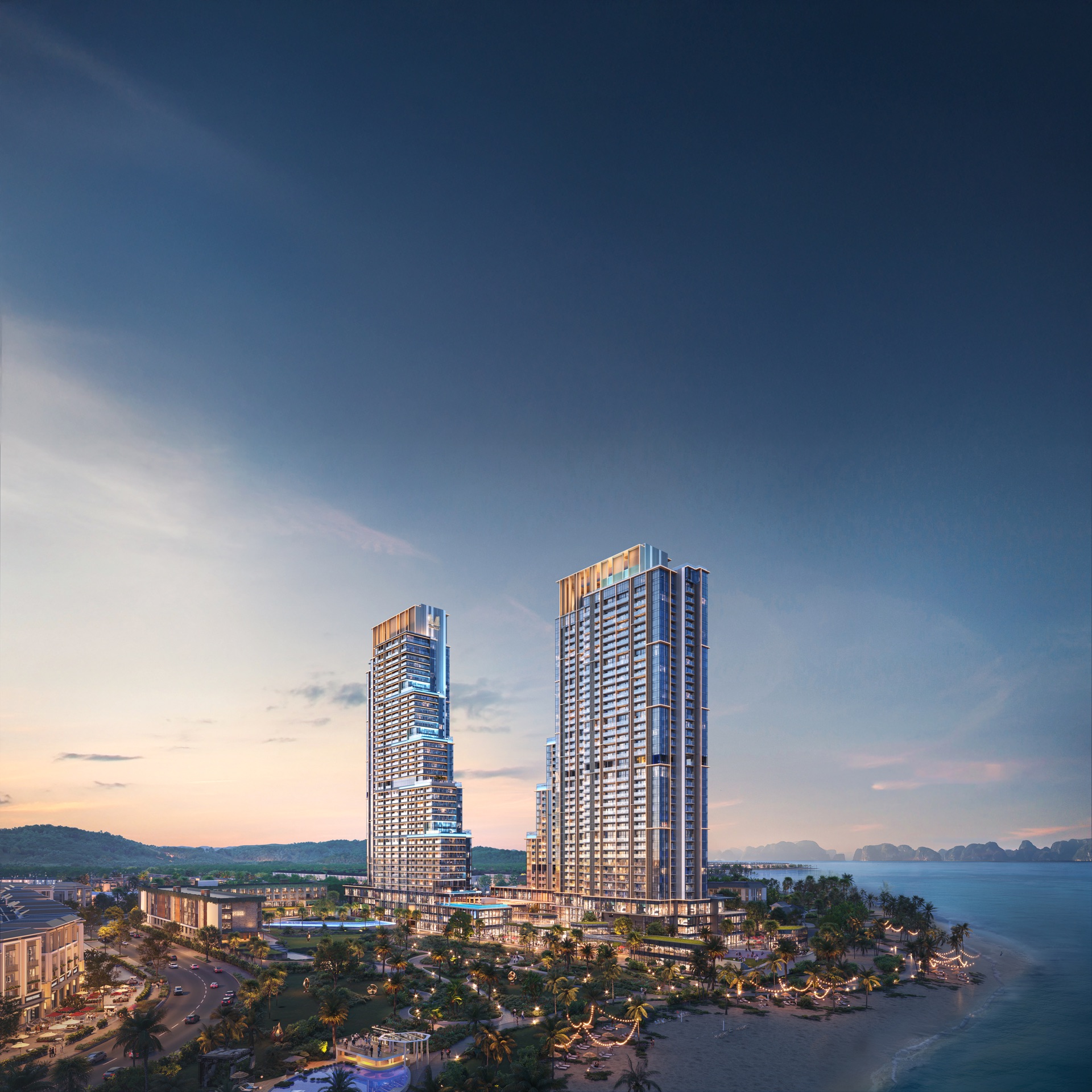 Hai tòa tháp biểu tượng Aria Bay bên vịnh Hạ Long lúc hoàng hôn