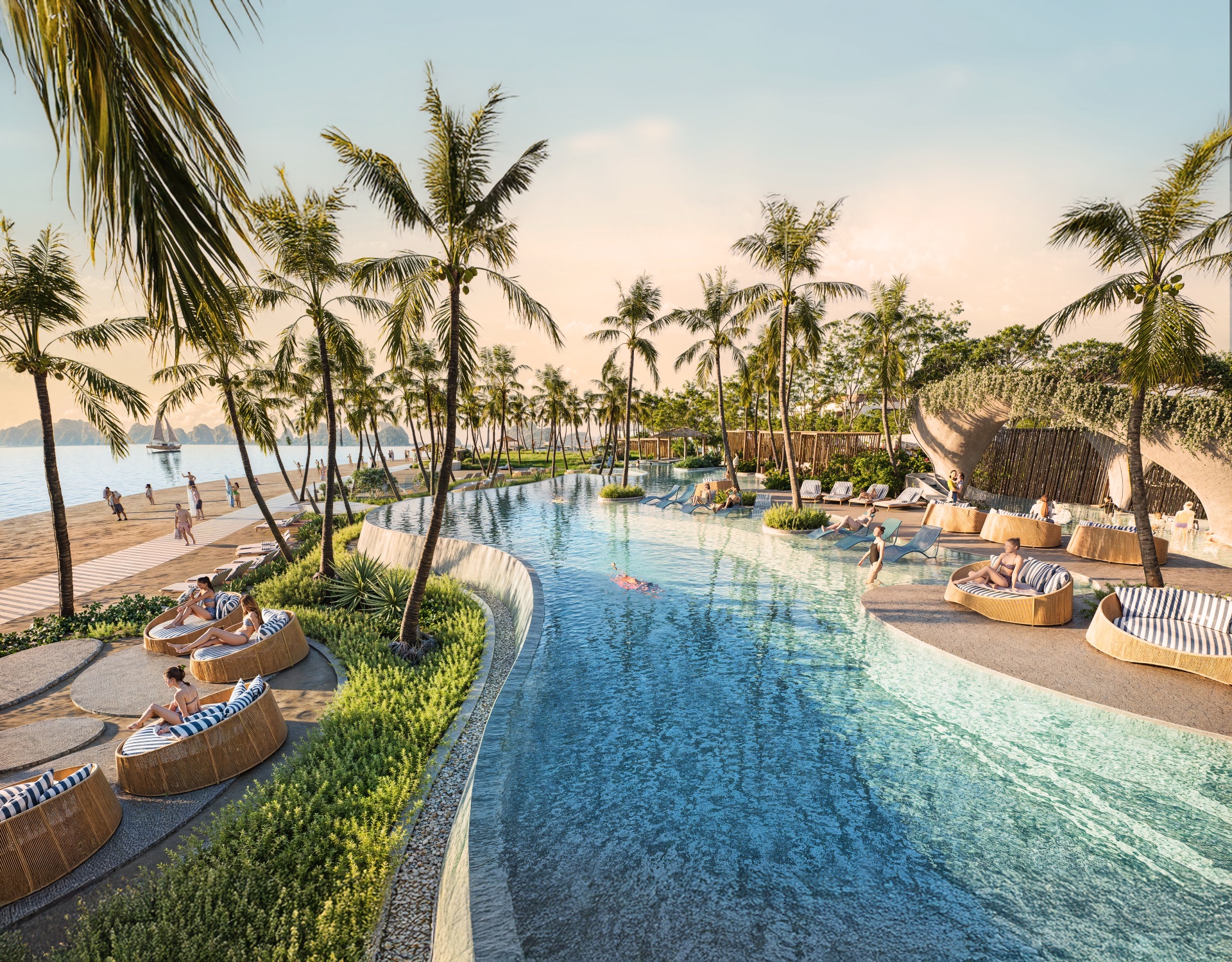 Bể bơi tràn bờ hướng vịnh tại Sailing Beach Club