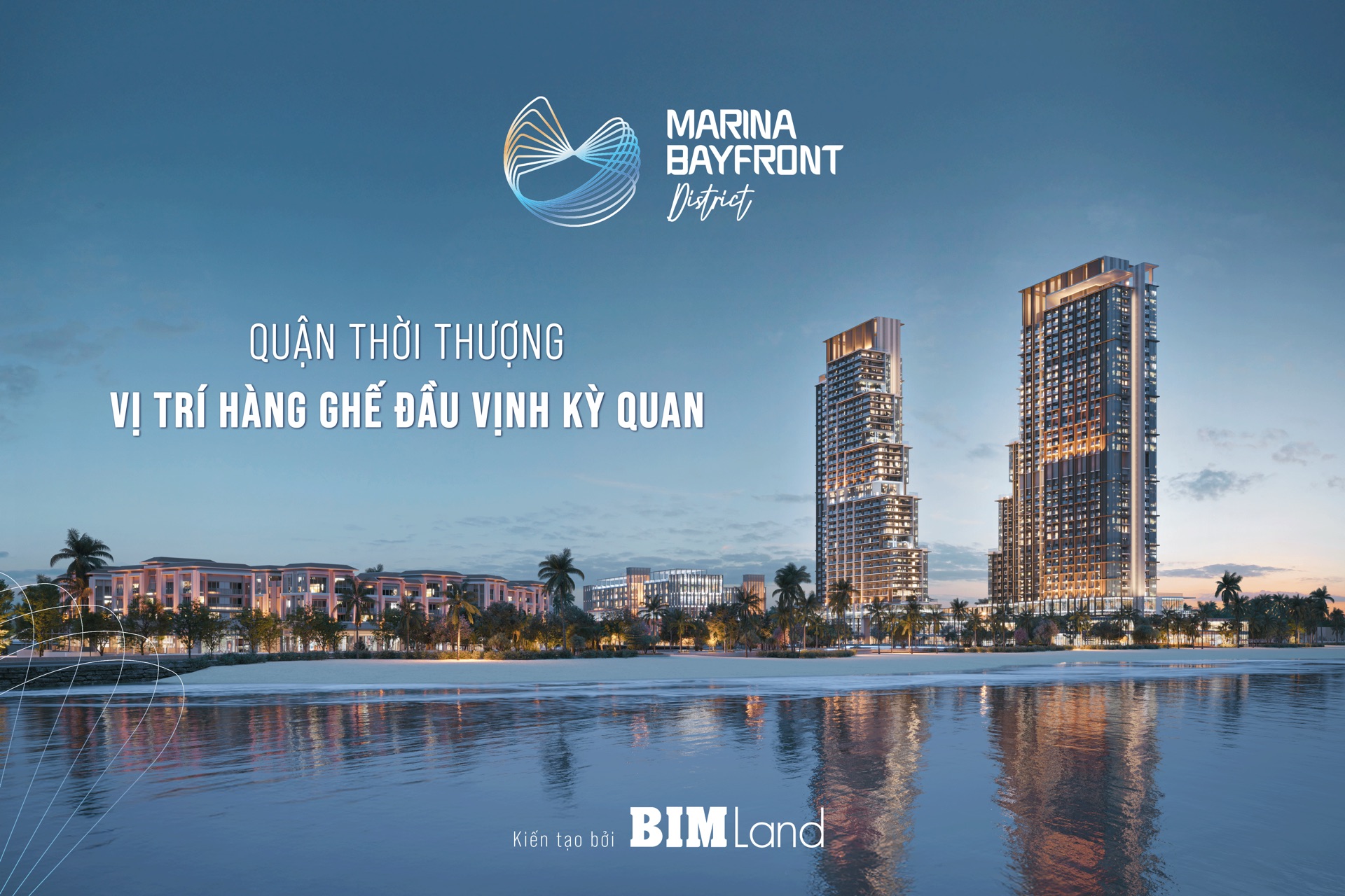 Tháp đôi Aria Bay rực sáng về đêm bên vịnh